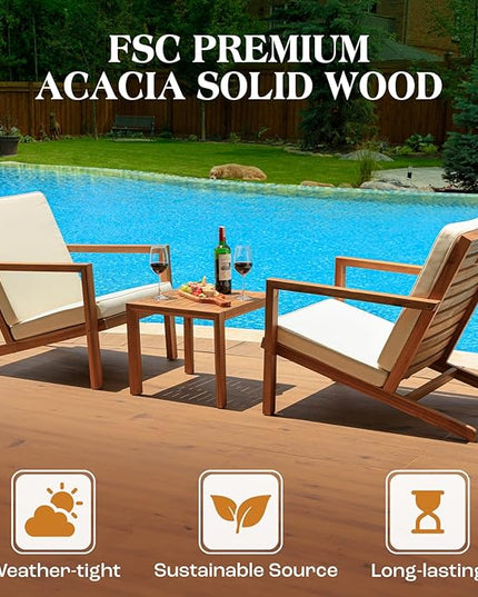 Eleve 400lbs Capacity Outdoor Set of 2 with Wooden Side Table, FSC Certified Acacia Wood Patio Furniture Set for Firepit Porch, Large, Slanted Backrest Club Chair - LeafyLoom