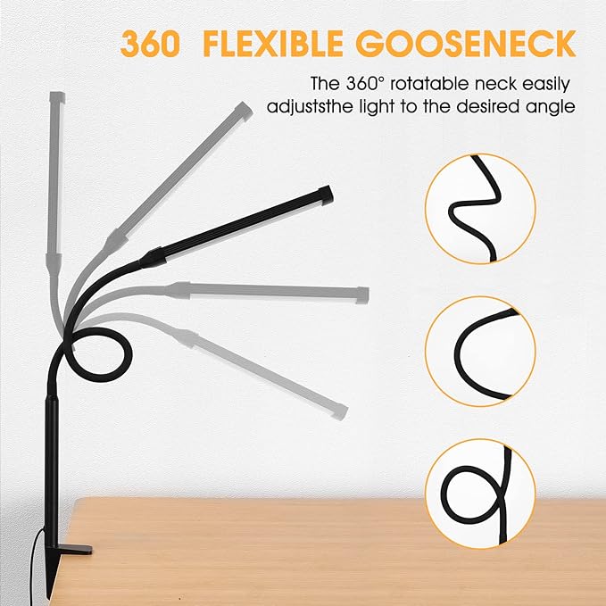 LED Desk lamp with Clamp, Eye-caring Clip on Lights for Home Office, 3 Modes 10 Brightness, Long Flexible Gooseneck,Metal, Swing Arm Architect Task Table Lamps with USB Adapter, Black - LeafyLoom