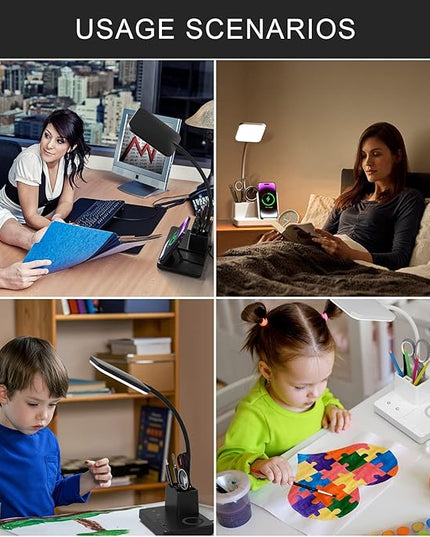 Desk Lamp with Wireless Charger USB Charging Port, Eye-Caring Desk Lamp for Home Office with Pen Holder, Dimmable Table Lamps 3 Color Modes - LeafyLoom