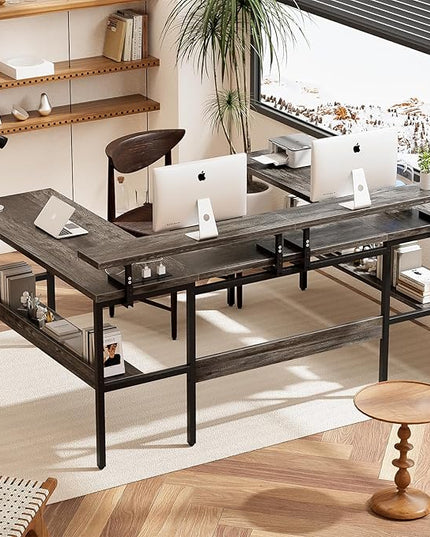 Customizable U Shaped Computer Desk with Adjustable Monitor Stand, Reversible L Shaped Gaming Desk with Power Outlet and Smart LED Light, Sturdy Office Desk with Storage Shelves, Black Oak - LeafyLoom
