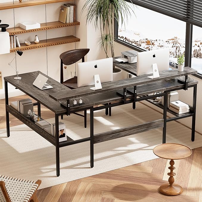 Customizable U Shaped Computer Desk with Adjustable Monitor Stand, Reversible L Shaped Gaming Desk with Power Outlet and Smart LED Light, Sturdy Office Desk with Storage Shelves, Black Oak - LeafyLoom