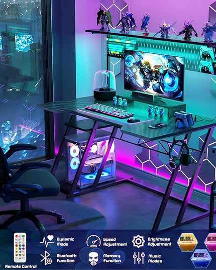 Gaming Computer Desk with Shelves and Outlets, Gaming Desk with Hutch and LED Lights, Reversible PC Gaming Desk with Pegboard, Carbon Fiber Black 47'' - LeafyLoom