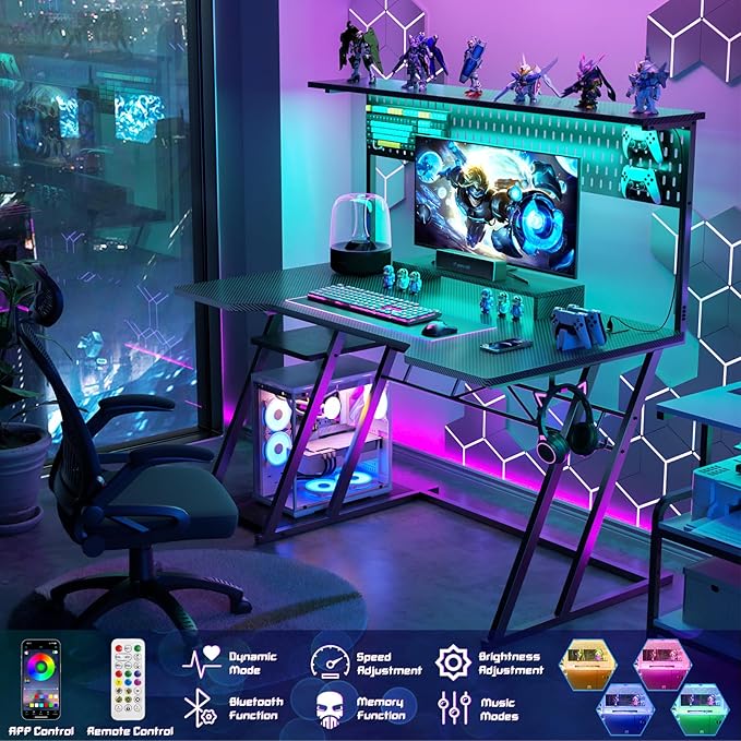 Gaming Computer Desk with Shelves and Outlets, Gaming Desk with Hutch and LED Lights, Reversible PC Gaming Desk with Pegboard, Carbon Fiber Black 47'' - LeafyLoom