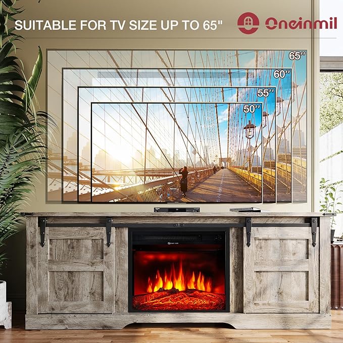 oneinmil Fireplace TV Stand with 18” Electric Fireplace, 58” TV Console Stand for TVs Up to 65", Entertainment Center, Fireplace for The Living Room TV Stand, Grey - LeafyLoom