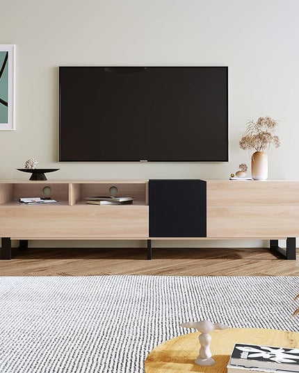 71 Inch TV Stand with Double Storage Space for TVs up to 80'', Modern TV Console with Drop Down Door, Entertainment Center for Living Room, Bedroom and Home Theatre, Natural Wood+Black - LeafyLoom
