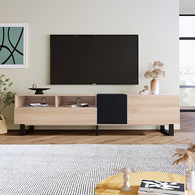 71 Inch TV Stand with Double Storage Space for TVs up to 80'', Modern TV Console with Drop Down Door, Entertainment Center for Living Room, Bedroom and Home Theatre, Natural Wood+Black - LeafyLoom