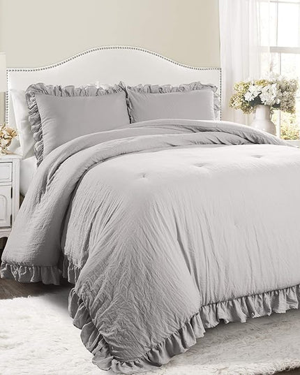 Lush Decor Reyna Ruffle Comforter Set - 3 Piece Cozy Ruffled Bedding Set - Timeless Elegance and Comfort for Bedroom - King, Light Gray - LeafyLoom
