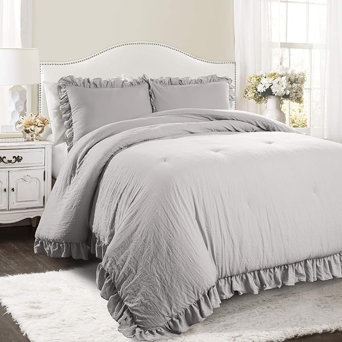 Lush Decor Reyna Ruffle Comforter Set - 3 Piece Cozy Ruffled Bedding Set - Timeless Elegance and Comfort for Bedroom - King, Light Gray - LeafyLoom