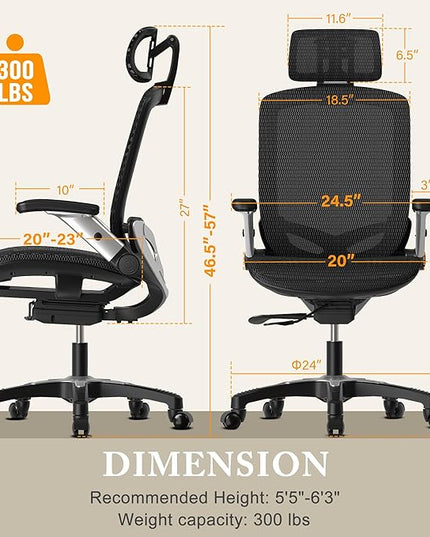 GABRYLLY Ergonomic Office Mesh Chair, High-Back Desk Chair with Sliding Seat, Adjustable Flip-up Armrest & 2D Headrest, 4-Gear Tilt Function, Swivel Computer Gaming Chair for Man Woman - LeafyLoom