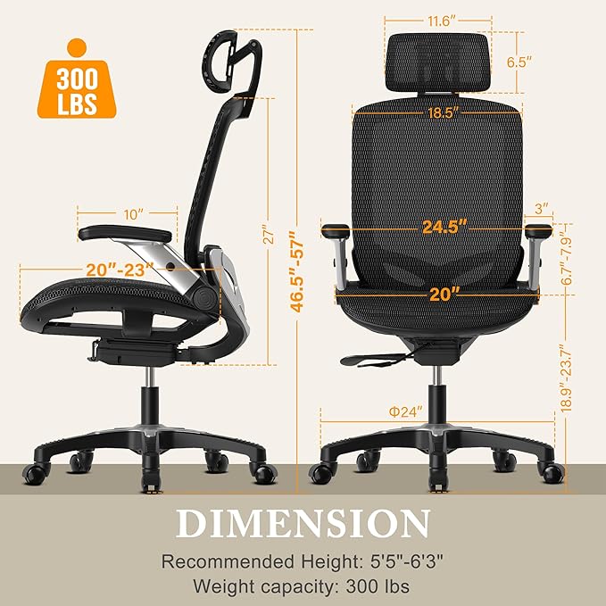 GABRYLLY Ergonomic Office Mesh Chair, High-Back Desk Chair with Sliding Seat, Adjustable Flip-up Armrest & 2D Headrest, 4-Gear Tilt Function, Swivel Computer Gaming Chair for Man Woman - LeafyLoom