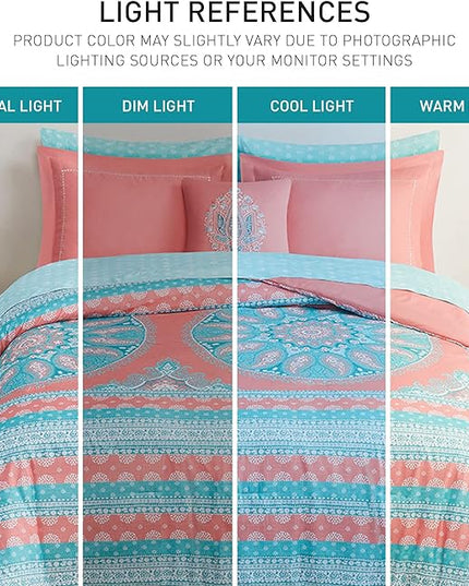 Degrees of Comfort Bed in A Bag Queen Size, Boho Mandala 8 Piece Complete Comforter Sets with Sheet for Women, Microfiber Bohemian Colorful Bedding Set, Matching Decorative Pillow, Coral - LeafyLoom