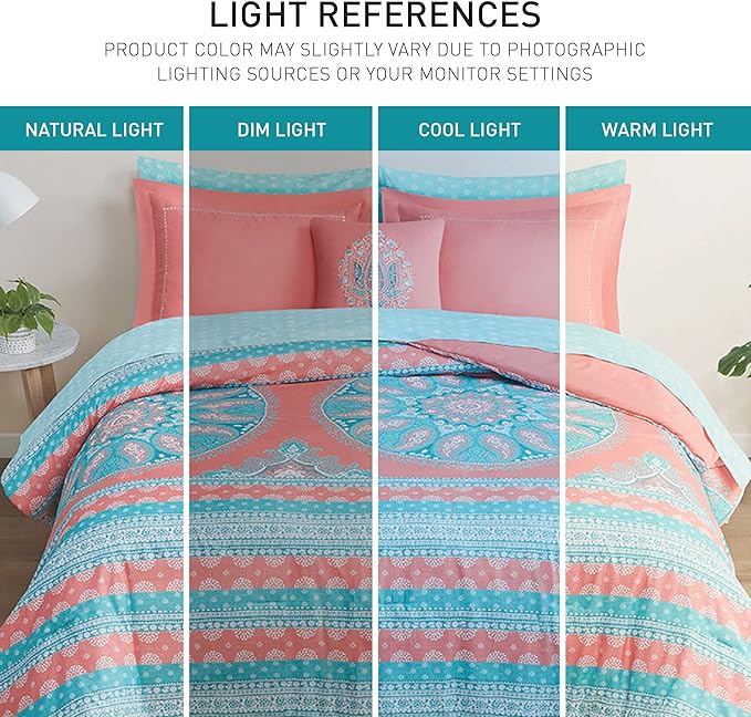 Degrees of Comfort Bed in A Bag Queen Size, Boho Mandala 8 Piece Complete Comforter Sets with Sheet for Women, Microfiber Bohemian Colorful Bedding Set, Matching Decorative Pillow, Coral - LeafyLoom