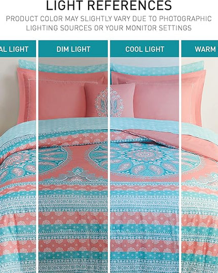 Degrees of Comfort Full Size Coral Comforter Sets for Girls, Boho Mandala Bed in A Bag with sheet, Microfiber Bed Set with Side Pockets, Matching Decorative Pillow, 8 Piece - LeafyLoom