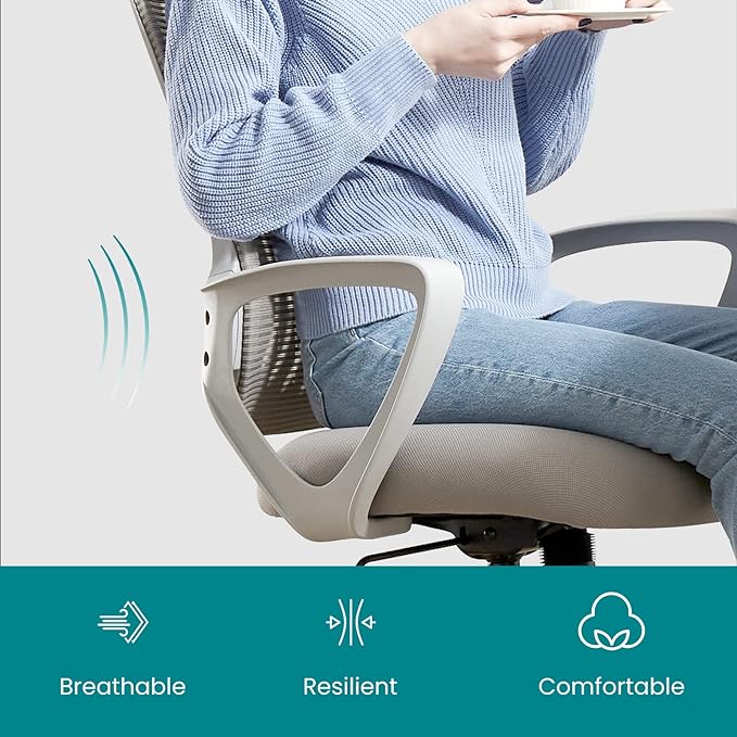 SMUG Office Computer Desk Chair, Ergonomic Mid-Back Mesh Rolling Work Swivel Task Chairs with Wheels, Comfortable Lumbar Support, Comfy Arms for Home, Bedroom, Study, Dorm, Student, Adults, Grey - LeafyLoom