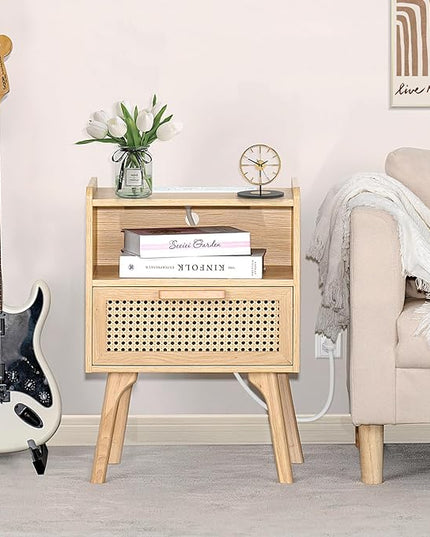 Lerliuo Rattan Nightstands Set of 2 with Charging Station, Boho Side Table with Drawer Open Shelf, Cane Accent Bedside End Table with Solid Wood Legs for Bedroom, Dorm and Small Spaces (Natural) - LeafyLoom