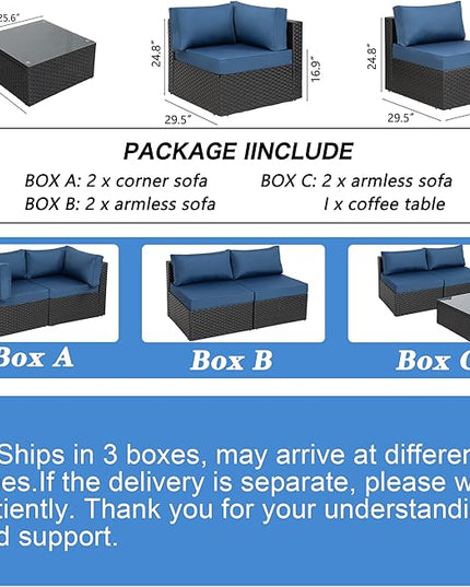 Shintenchi 7 Pieces Outdoor Patio Sectional Sofa Couch, Black Wicker Furniture Conversation Sets with Washable Cushions & Glass Coffee Table for Garden, Poolside, Backyard (Aegean Blue) - LeafyLoom