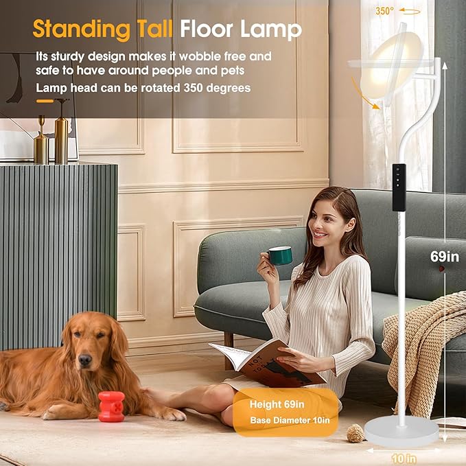 PESRAE 36W/3600LM LED Torchiere Bright Standing Lamp for Living Room, Rotatable Tall Lamp with Remote Control, Stepless Color Temperatures and Dimming Floor Lamps for Bedroom Office (Gravel White) - LeafyLoom