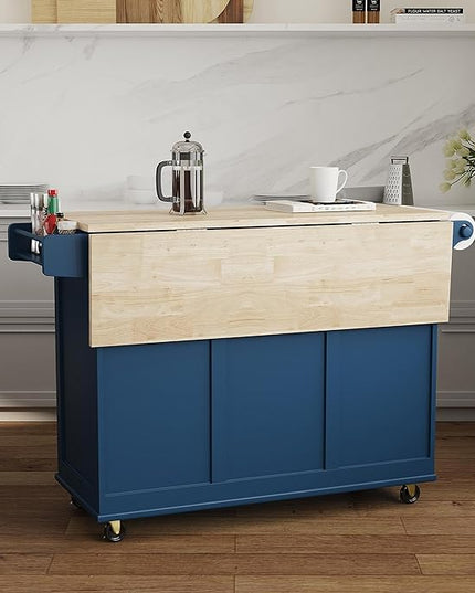 Homestyles Mobile Kitchen Island Cart with Wood Drop Leaf Breakfast Bar, Blue - LeafyLoom