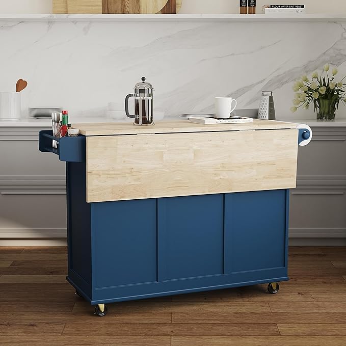 Homestyles Mobile Kitchen Island Cart with Wood Drop Leaf Breakfast Bar, Blue - LeafyLoom