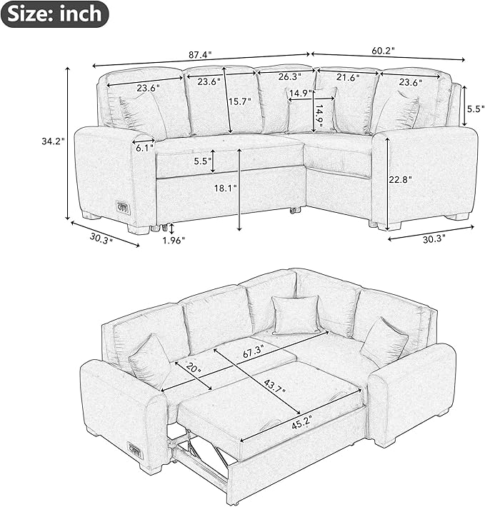 3 in 1 Convertible Sectional Sofa with Pull Out Bed , 87.4" L Shaped Corner Couch with USB Charging Ports & Plug Outlet , Breathable Linen Fabric Conversion Sofabed for Living Room Office Furniture - LeafyLoom