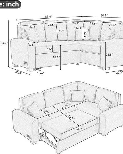 3 in 1 Convertible Sectional Sofa with Pull Out Bed , 87.4" L Shaped Corner Couch with USB Charging Ports & Plug Outlet , Breathable Linen Fabric Conversion Sofabed for Living Room Office Furniture - LeafyLoom