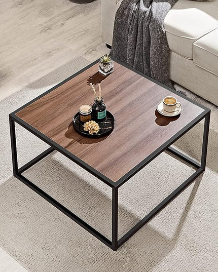 SAYGOER Farmhouse Coffee Table Rustic Wood Coffee Tables Mid Century Modern Coffe Tables for Small Spaces Simple Square Low Center Table for Living Room Home Office Boho Style, Walnut - LeafyLoom