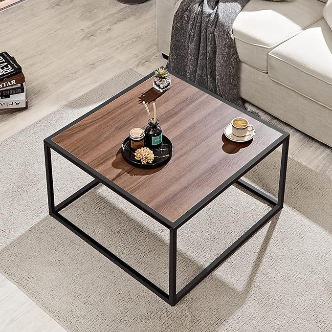 SAYGOER Farmhouse Coffee Table Rustic Wood Coffee Tables Mid Century Modern Coffe Tables for Small Spaces Simple Square Low Center Table for Living Room Home Office Boho Style, Walnut - LeafyLoom