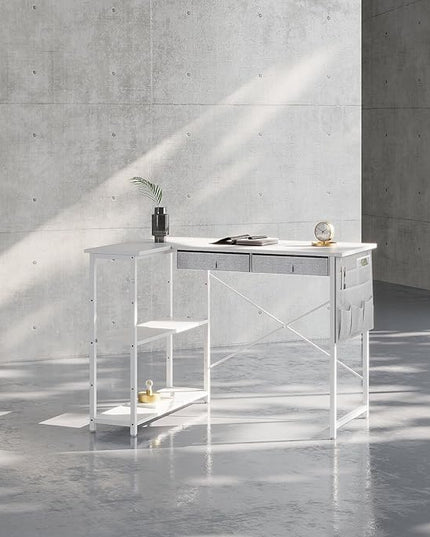 Small Desk with Drawers, 39" Corner Desk with Storage, Computer Desk with Shelves and Side Pouch, Study Table for Small Space with Storage, Corner L Shaped Desk for Home Office Bedroom, White - LeafyLoom