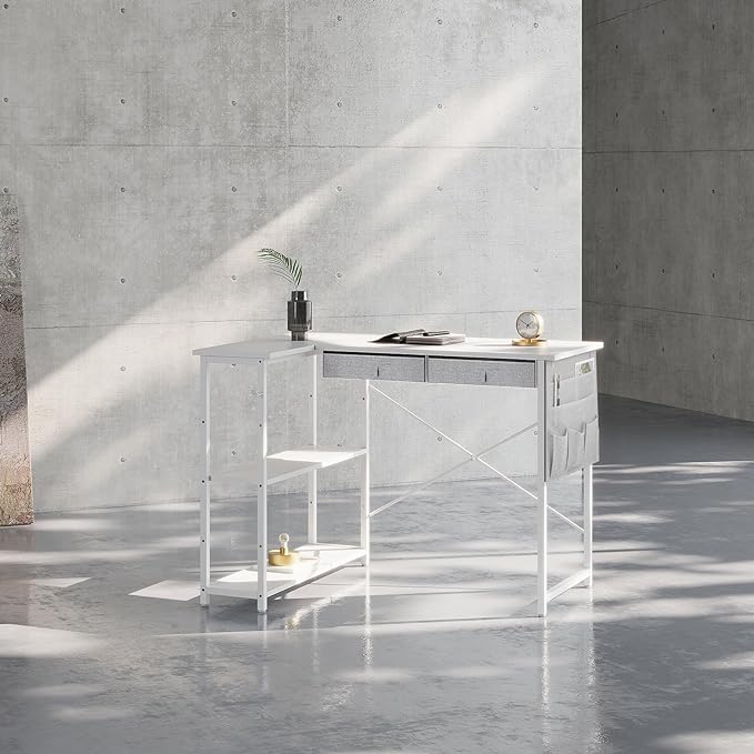 Small Desk with Drawers, 39" Corner Desk with Storage, Computer Desk with Shelves and Side Pouch, Study Table for Small Space with Storage, Corner L Shaped Desk for Home Office Bedroom, White - LeafyLoom
