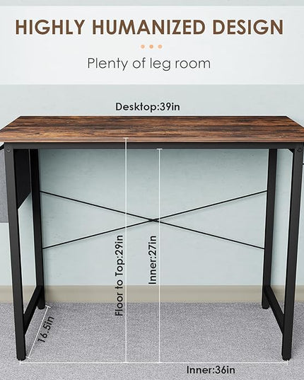 Small Computer Desk, 39 Inch Home Office Desks, Study Workstation PC Laptop Table with Storage Bag, Modern Simple Industrial Style Writing Desks - LeafyLoom
