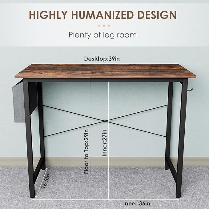 Small Computer Desk, 39 Inch Home Office Desks, Study Workstation PC Laptop Table with Storage Bag, Modern Simple Industrial Style Writing Desks - LeafyLoom