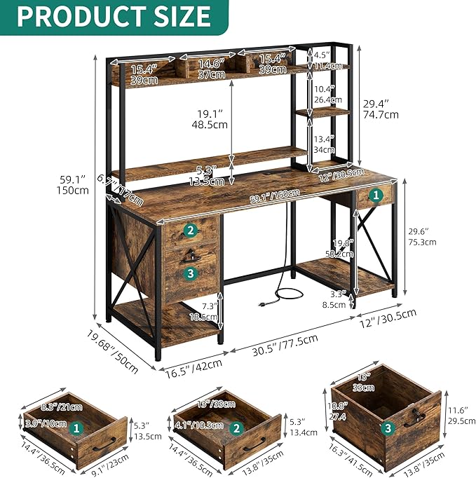 YITAHOME Computer Desk with Drawers & Power Outlets, File Drawers with Lock, 59" Home Office Desk with Storage Shelves & Monitor Stand, Gaming Desk with LED Lights & Hutch, Rustic Brown - LeafyLoom