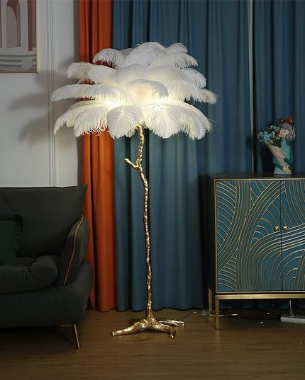 Luxury Resin Ostrich Feather Lamp, 35 Pieces real ostrich feathers,Feather Floor Lamp,Standing Lamp for Living Room, Bedroom and Office 67” Tall Feather Lamp (White) - LeafyLoom