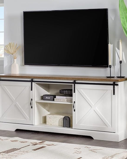 Walker Edison Corbin Modern Farmhouse Sliding X Barn Door TV Stand for TVs up to 80 Inches, 70 Inch, Reclaimed Barnwood and Brushed White - LeafyLoom