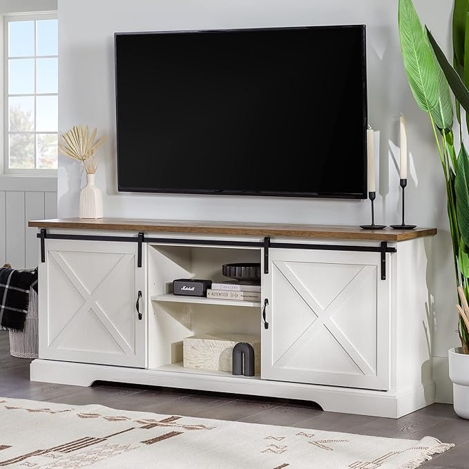 Walker Edison Corbin Modern Farmhouse Sliding X Barn Door TV Stand for TVs up to 80 Inches, 70 Inch, Reclaimed Barnwood and Brushed White - LeafyLoom