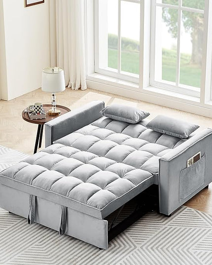 Full Size Pull 3 in 1 Convertible, Fluffy Velvet Loveseat Cama, Lounge Sleeper Sofa with Pullout Bed, Small Futon Couch for Living Room, Bedroom, 55" W, Grey - LeafyLoom
