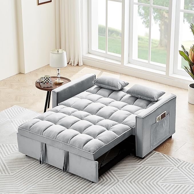 Full Size Pull 3 in 1 Convertible, Fluffy Velvet Loveseat Cama, Lounge Sleeper Sofa with Pullout Bed, Small Futon Couch for Living Room, Bedroom, 55" W, Grey - LeafyLoom