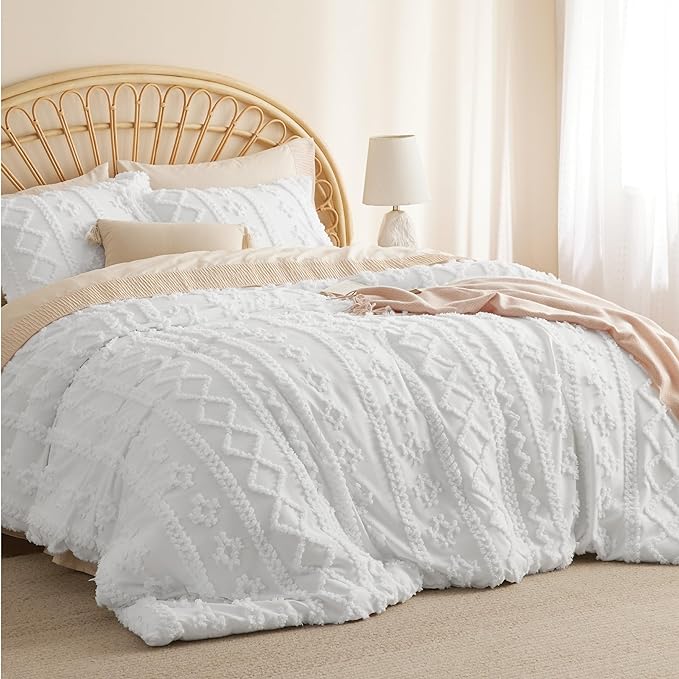 Bedsure Tufted Boho Comforter Set Full - White Boho Bedding Comforter Set, 3 Pieces Farmhouse Shabby Chic Embroidery Bed Set, Soft Jacquard Comforter for All Seasons - LeafyLoom
