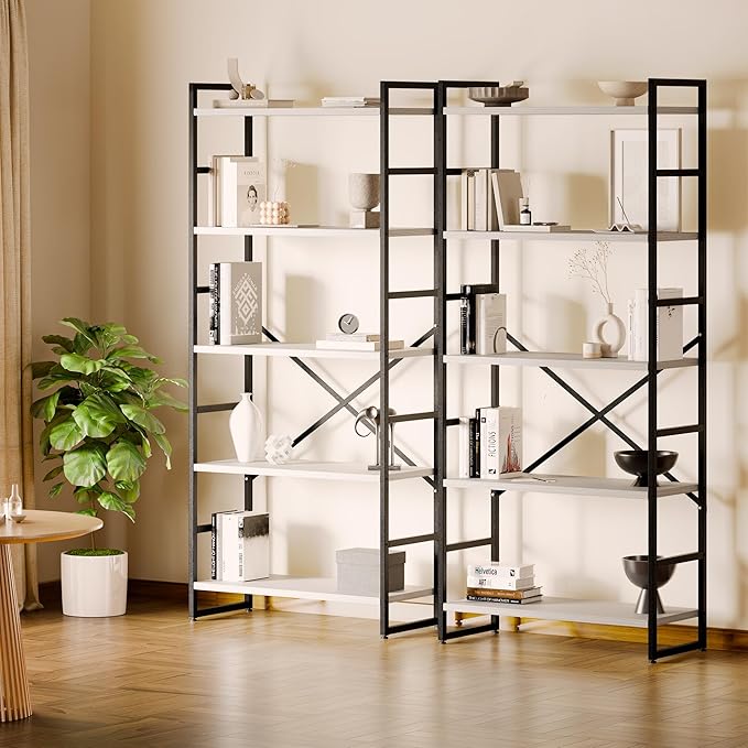 Shintenchi 2 Pieces 5 Tiers Bookshelf, Classically Tall Bookcase Shelf, Industrial Book Rack, Modern Book Holder in Bedroom/Living Room/Home/Office, Storage Rack Shelves for Books/Movies-White - LeafyLoom