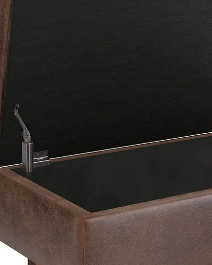 SIMPLIHOME Owen 36 Inch Wide Mid Century Modern Rectangle Small Rectangular Storage Ottoman in Distressed Chestnut Brown Faux Leather, For the Living Room, Entryway and Family Room - LeafyLoom