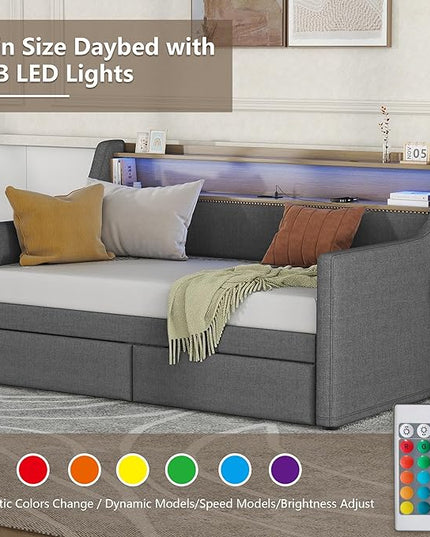 Twin Size Daybed with 2 Storage Drawers, Upholstered Day Bed Frame with Charging Station and LED Lights, Linen Sofa Beds for Living Room, Bedroom, Gray - LeafyLoom
