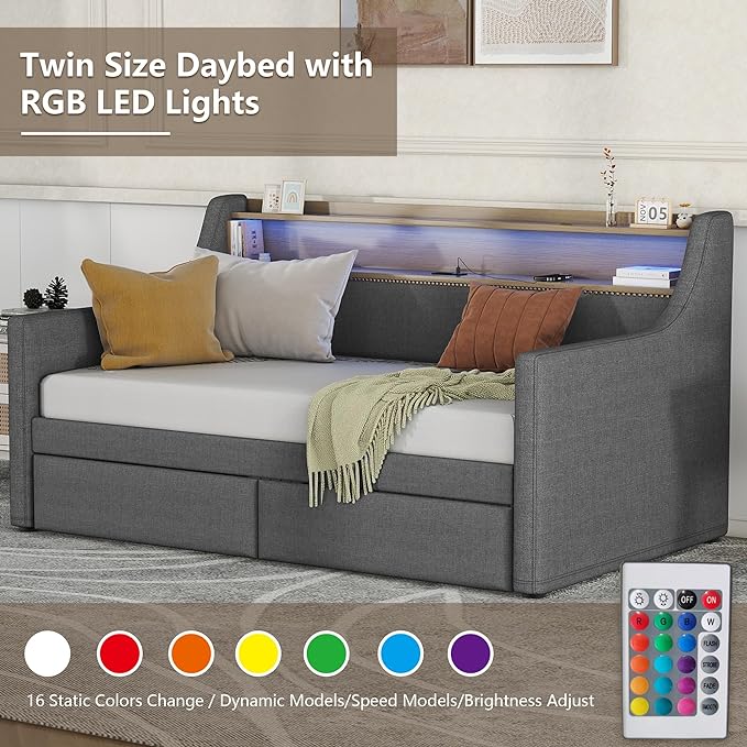 Twin Size Daybed with 2 Storage Drawers, Upholstered Day Bed Frame with Charging Station and LED Lights, Linen Sofa Beds for Living Room, Bedroom, Gray - LeafyLoom