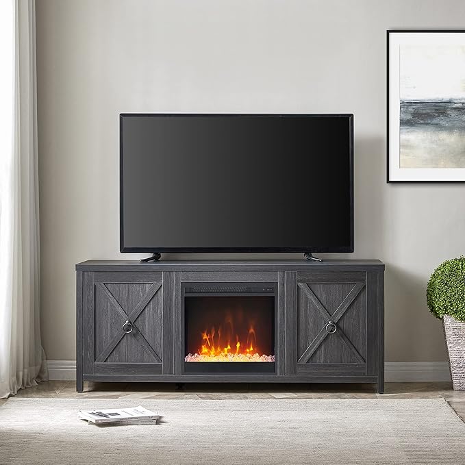 Henn&Hart Rectangular TV Stand with Crystal Fireplace for TV's up to 65" in Charcoal Gray, Electric Fireplace TV Stands for the Living Room - LeafyLoom