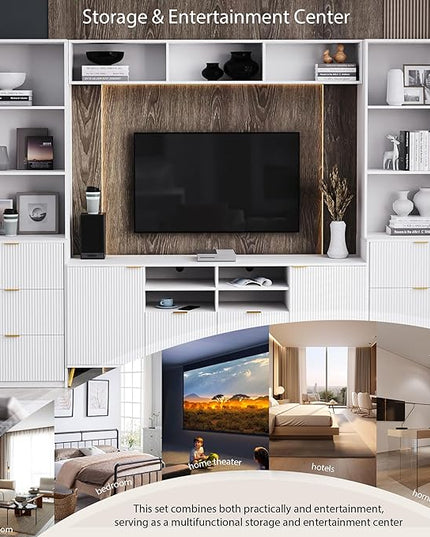 Entertainment Wall Unit with Bridge, TV Stand Media Console Table with 13 Shelves,8 Drawers and 2 Cabinets for Living Room, 112.5 Inch, White - LeafyLoom