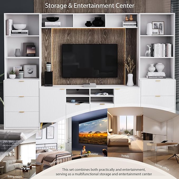 Entertainment Wall Unit with Bridge, TV Stand Media Console Table with 13 Shelves,8 Drawers and 2 Cabinets for Living Room, 112.5 Inch, White - LeafyLoom