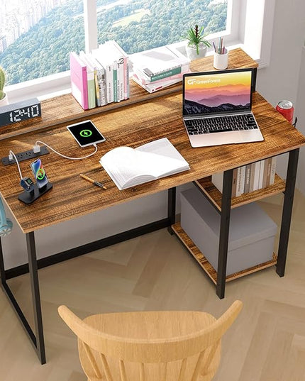 GreenForest Computer Desk with USB Charging Port and Power Outlet, Reversible Home Office Desk with Monitor Stand and Storage Shelves, 40 inch Work Desk with Cup Holder and Hook, Walnut - LeafyLoom