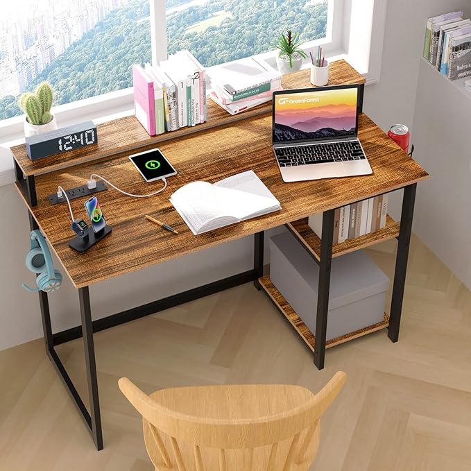 GreenForest Computer Desk with USB Charging Port and Power Outlet, Reversible Home Office Desk with Monitor Stand and Storage Shelves, 40 inch Work Desk with Cup Holder and Hook, Walnut - LeafyLoom