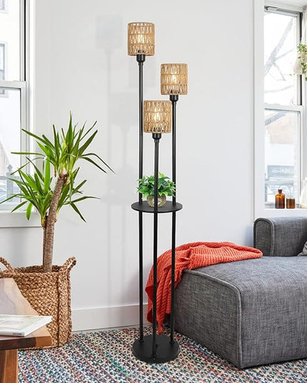 Boho Floor Lamp with Shelves, 3-Lights Farmhouse Tall Floor Lamp with ON/OFF Foot Switch, Rustic Standing Lamp with Rattan Shades for Living Room Bedroom Office - LeafyLoom