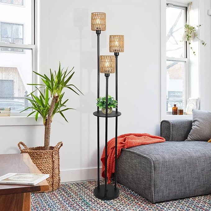 Boho Floor Lamp with Shelves, 3-Lights Farmhouse Tall Floor Lamp with ON/OFF Foot Switch, Rustic Standing Lamp with Rattan Shades for Living Room Bedroom Office - LeafyLoom