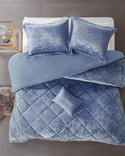 Intelligent Design Twin Duvet Cover Set, Velvet Twin Duvet Set, Luxury Diamond Quilting Blue Duvet Cover, Fluffy Duvet Cover with Decorative Pillow and 1 Sham, 3 Pieces, Blue, Twin/Twin XL - LeafyLoom